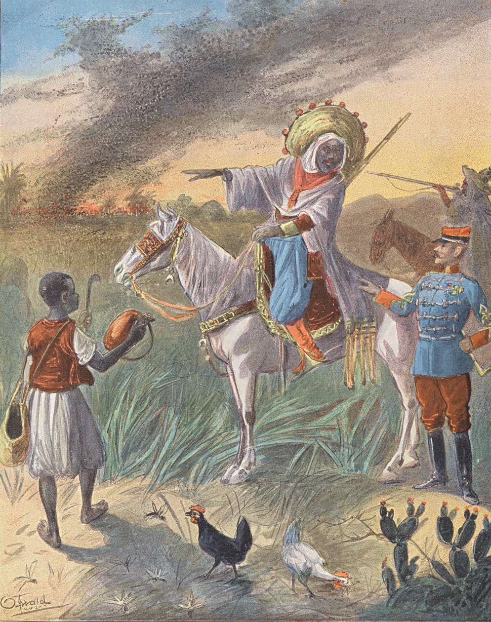 Gresshoppesverm i Afrika (fargelitografi) av European School