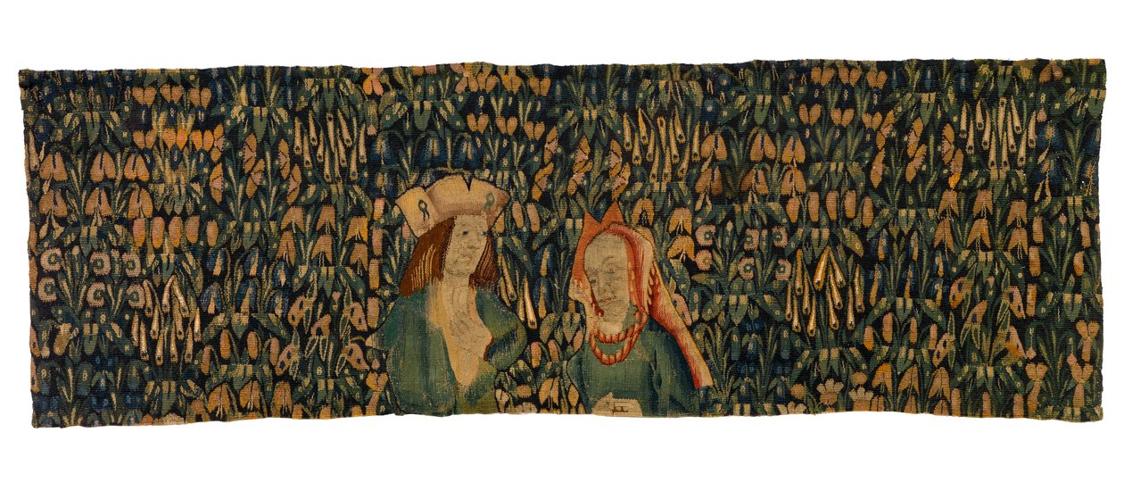 Tapetfragment av mille fleurs som viser et par (ull) av European School