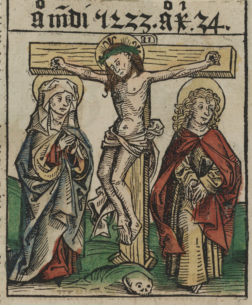 The Crucifixion, sent på 1400-tallet (håndfarget tresnitt) av European School