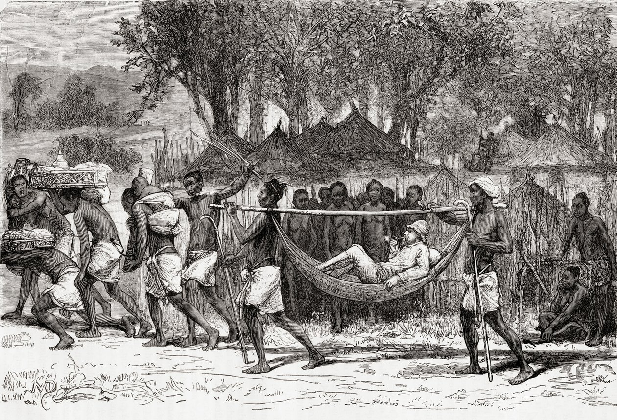Verney Lovett Cameron ankommer landsbyen Oulonnda, Afrika, 1878 (tregravering) av European School