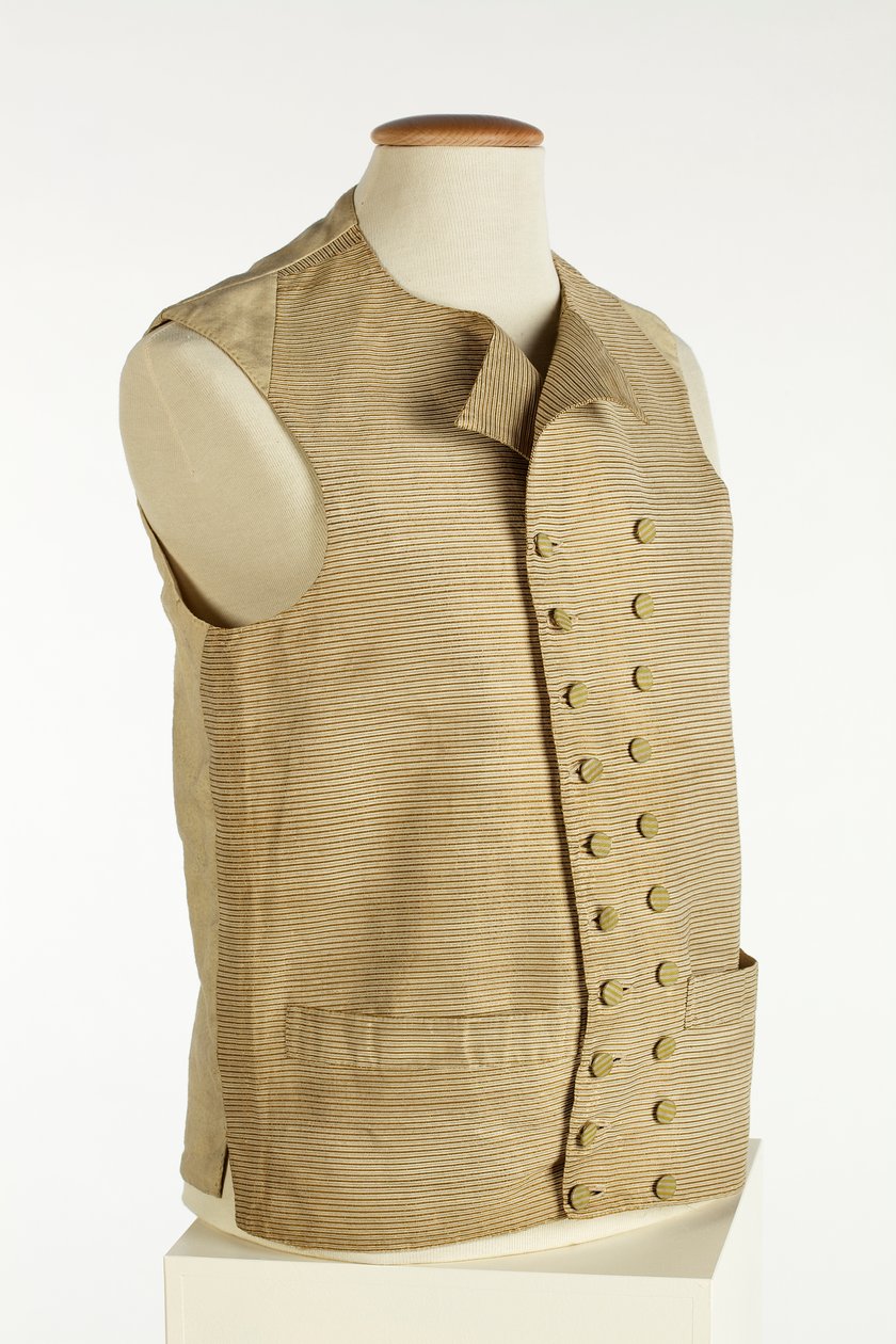 Vest i vevd silke med fint gull, krem og oransje striper, ca. 1780-90 (silke) av European School