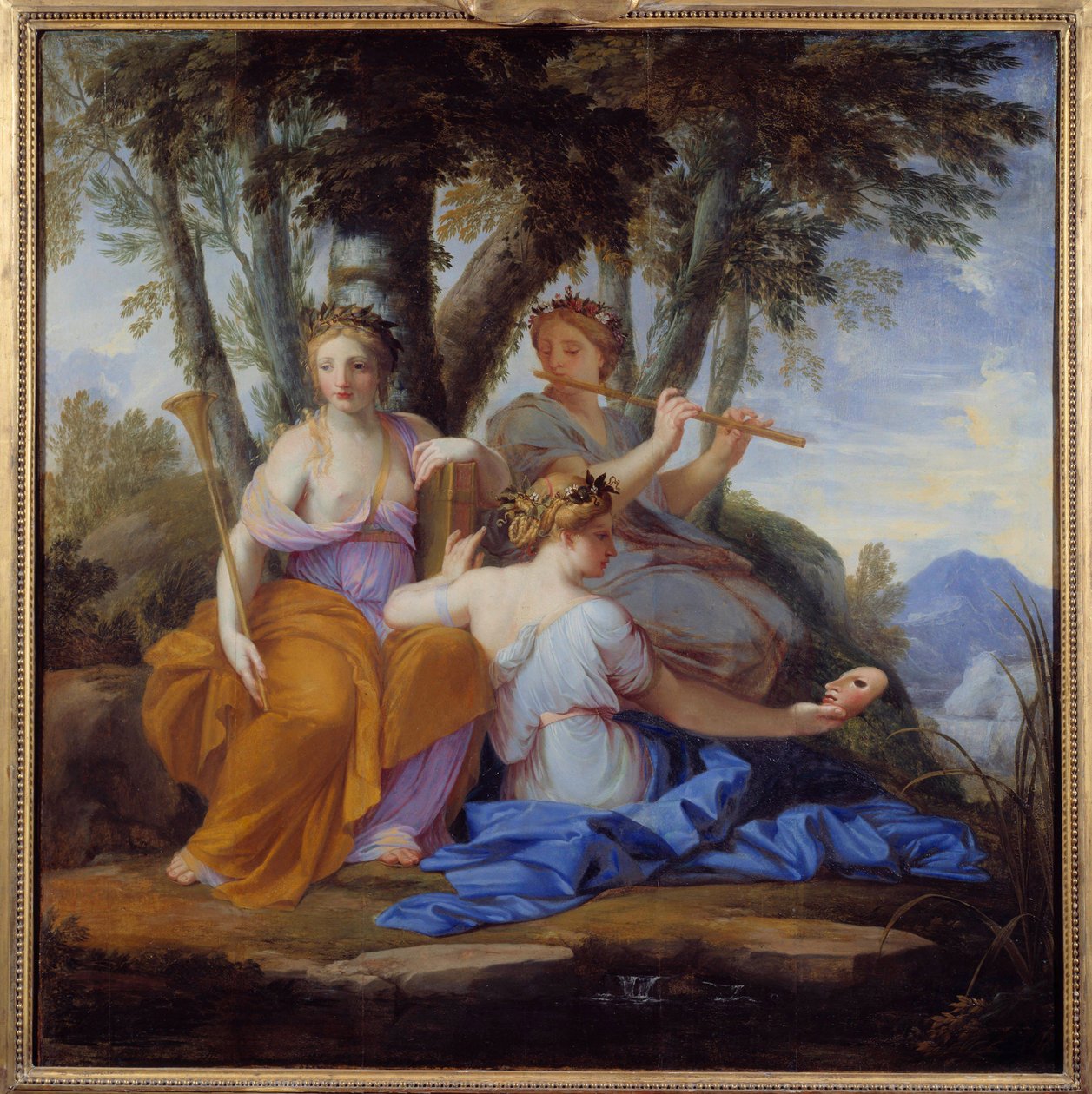Musene Clio, Euterpe og Thalie Elles er henholdsvis musene for historie, musikk og komedie av Eustache (studio of) Le Sueur