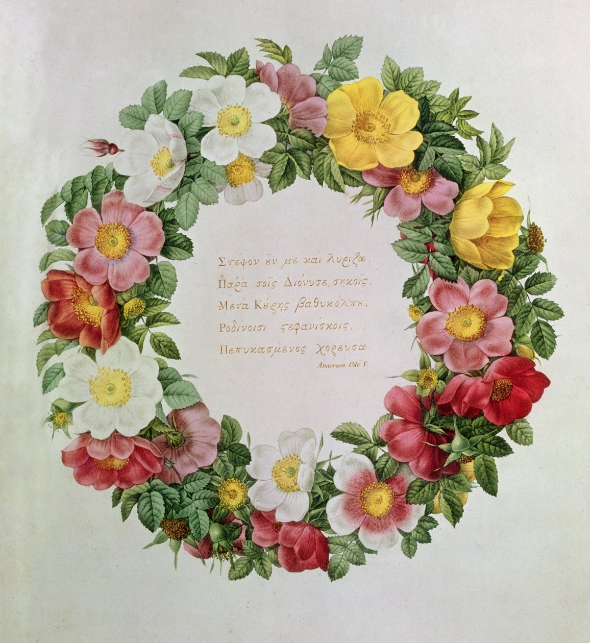 Claude-Antoine Thory Les roses, Frontispice: Garland with an Epigraph of Ode V av den greske poeten Anacreon, 1817 (litografi) av Eustache Hyacinthe Langlois
