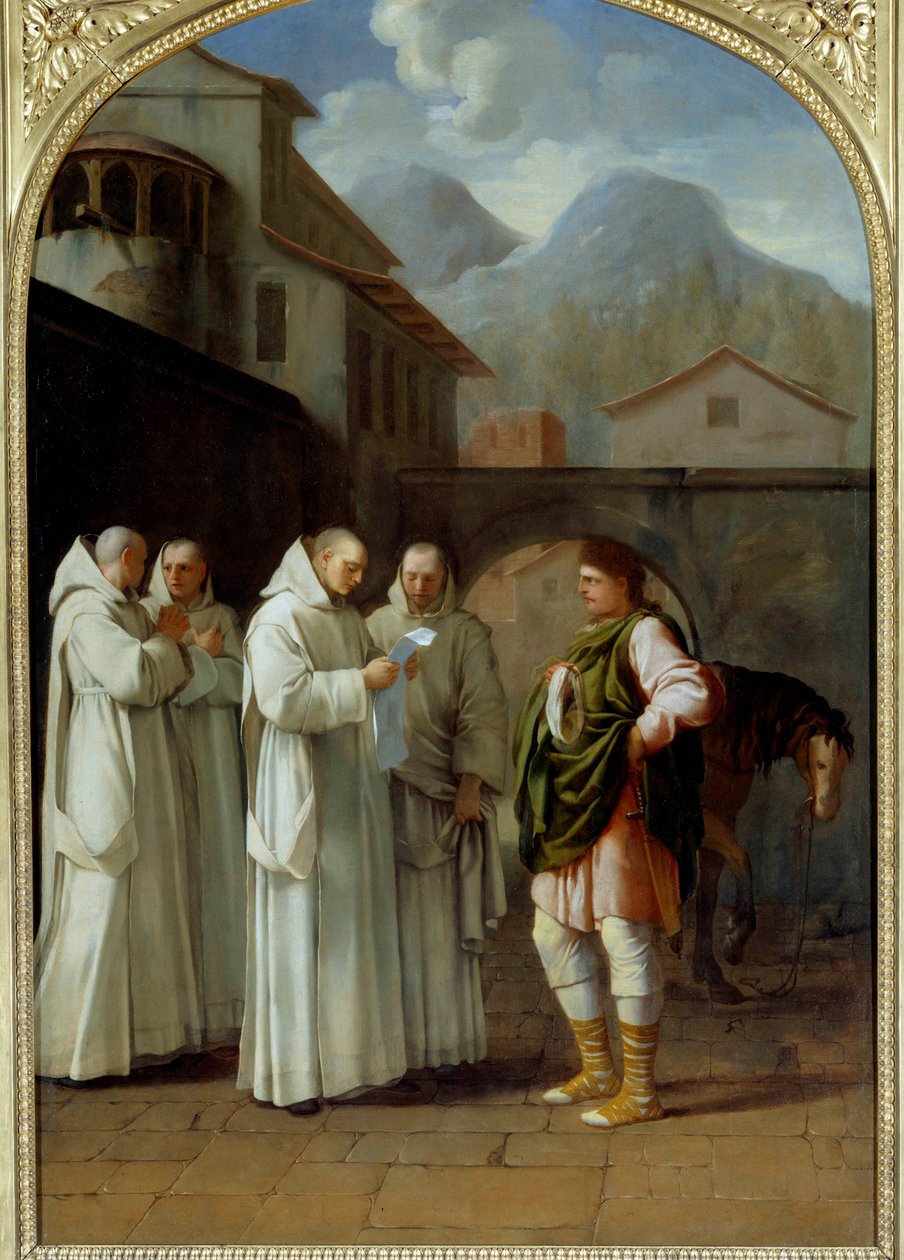 Saint Bruno (1030-1101), grunnlegger av karteuserordenen mottar en melding fra pave Urban II (Urbano II) av Eustache Le Sueur