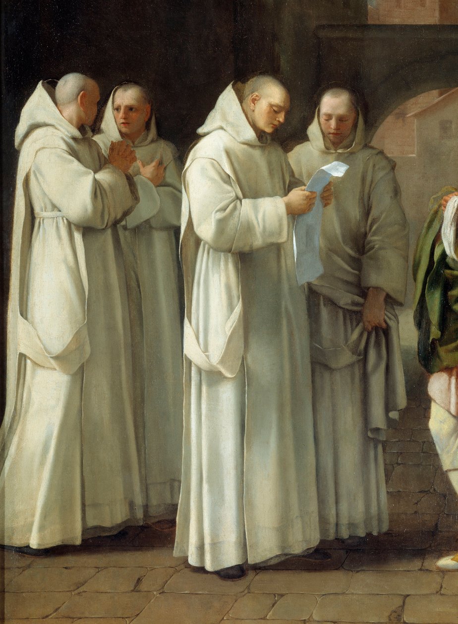 Saint Bruno (1030-1101), grunnlegger av den kartusiske orden mottar en melding fra pave Urban II (Urbano 2) (detaljer) av Eustache Le Sueur