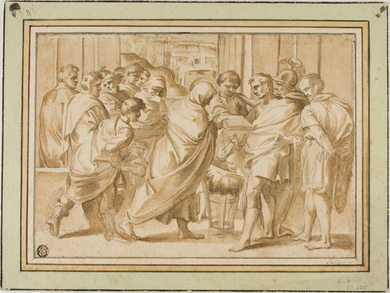 Scene fra romersk historie, med drapert figur som presenterer bok til linjal av Eustache Le Sueur