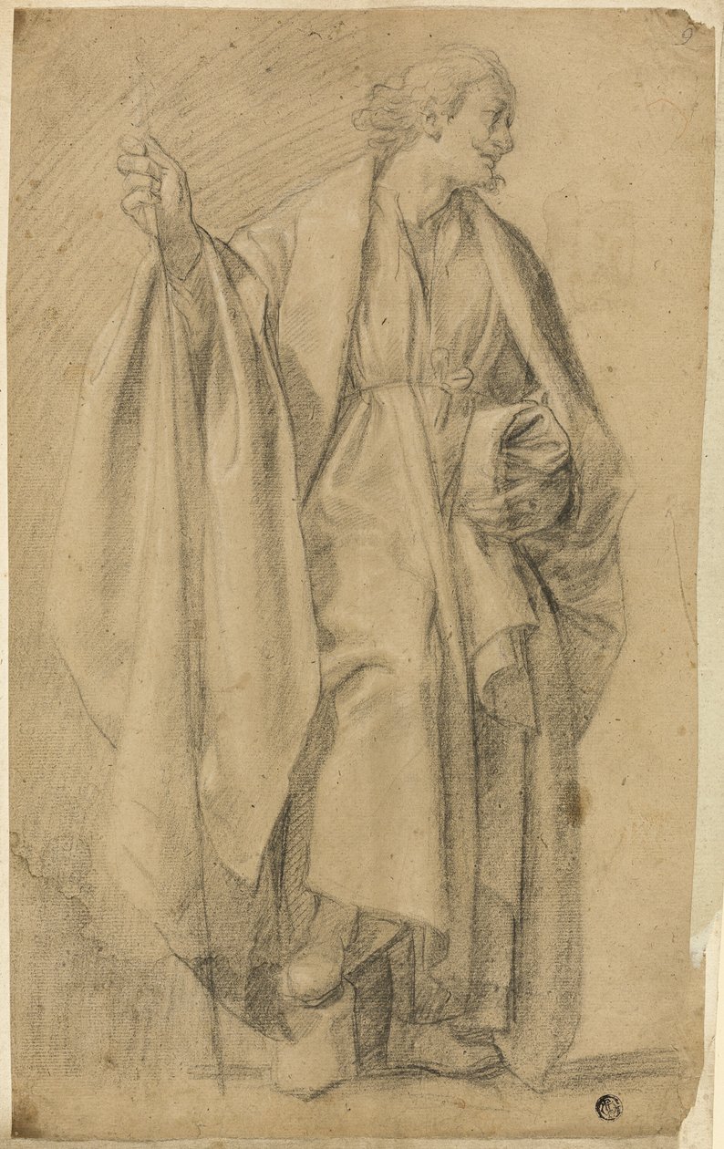 Stående drapert mannsfigur, holdestav av Eustache Le Sueur