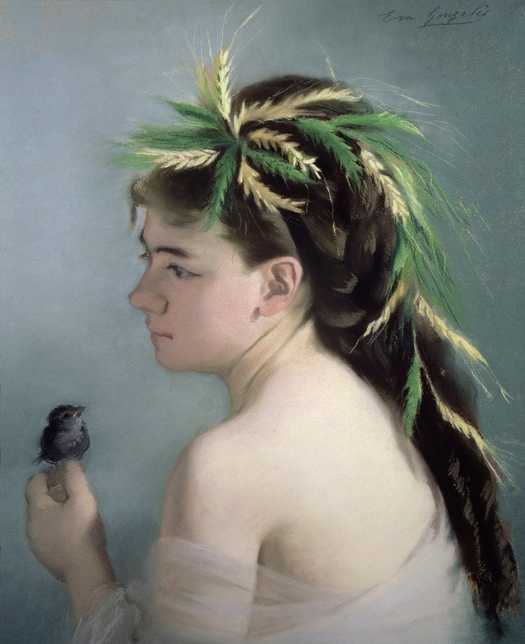 Portrett av en jente som holder en spurv (pastell) av Eva Gonzalès