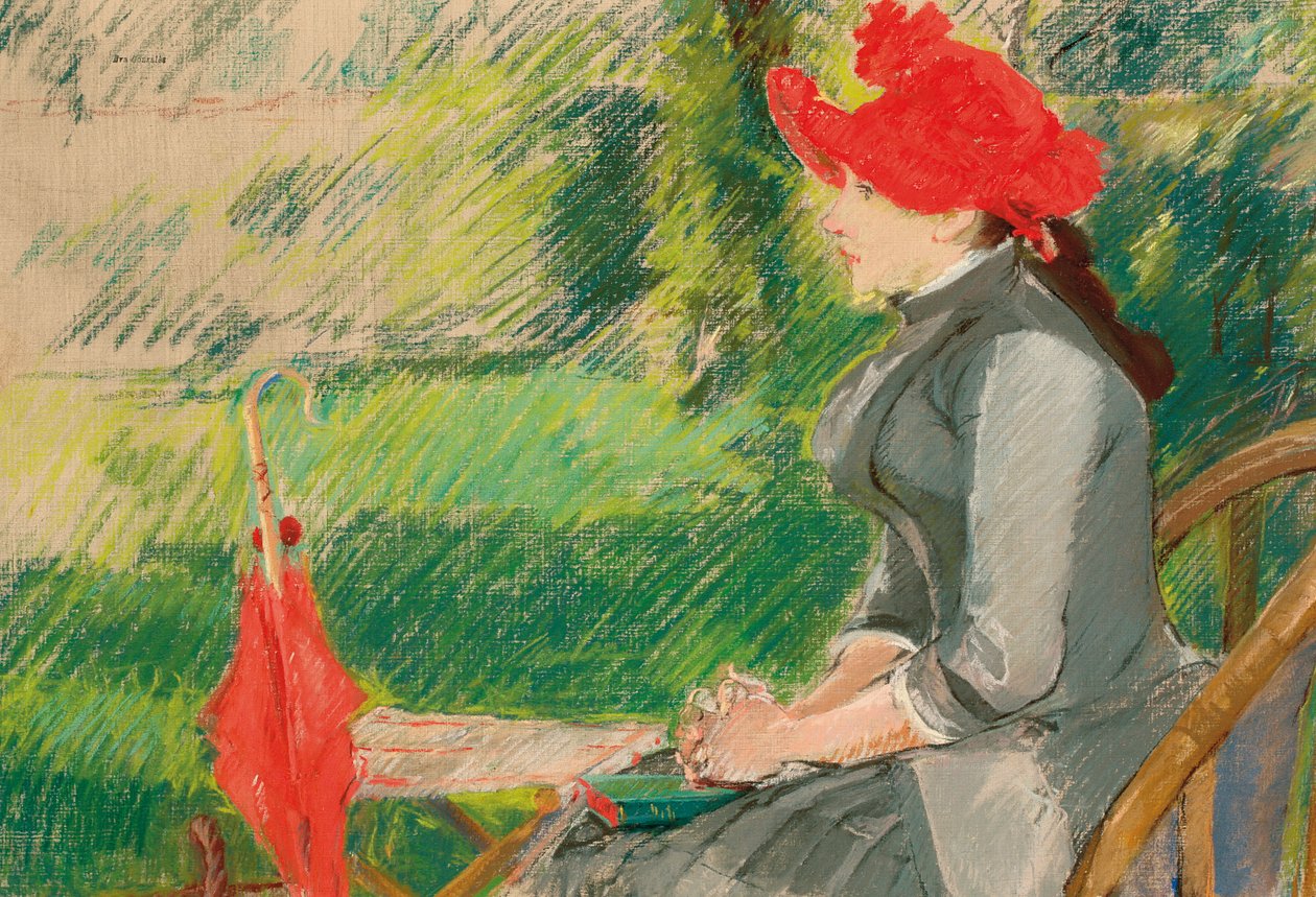 Lesing i hagen; eller Woman in Red Hat, ca. 1880-1882 av Eva Gonzalès