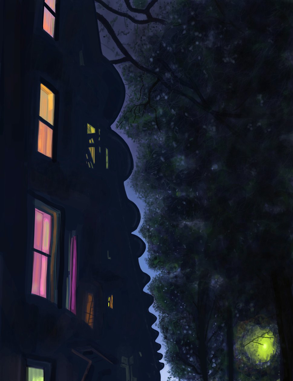 Byggetopper om natten, Brooklyn (digital kunst) av Evan Sklar