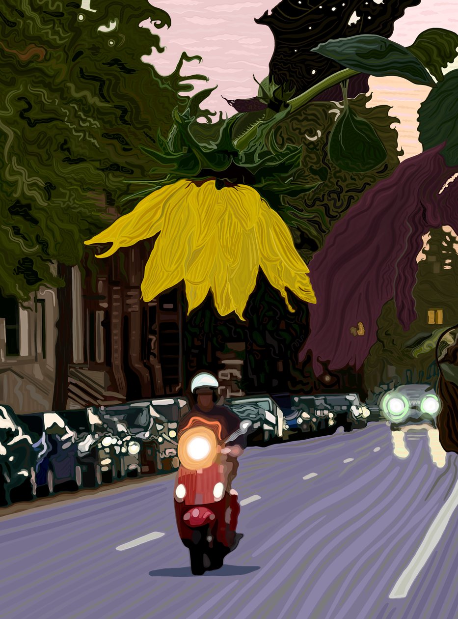 Solsikke og mann som kjører rød scooter (digital kunst) av Evan Sklar