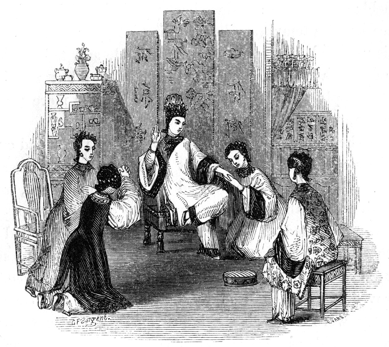 Kinesiske jomfruer som gråter med en brud, 1847 av Evans