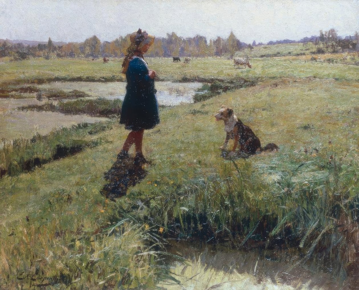Ung jente og hunden hennes på engen av Evariste Carpentier