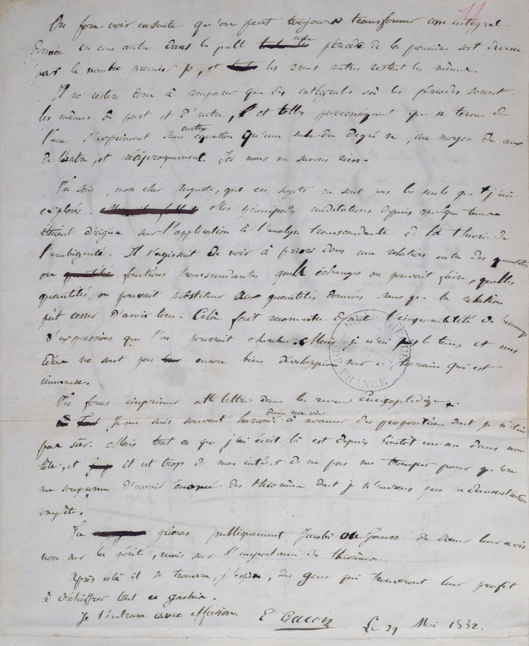Ms 2108 fol.11r Brev fra Gallois til Auguste Chevalier, 29. mai 1832 av Evariste Gallois