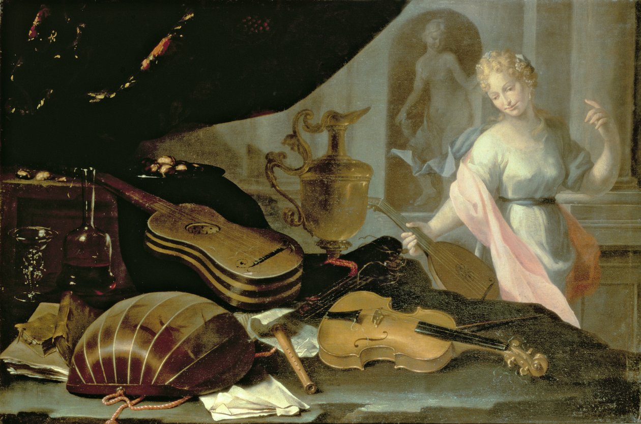 Stilleben av musikkinstrumenter, med en kvinneskikkelse av Evaristo Baschenis