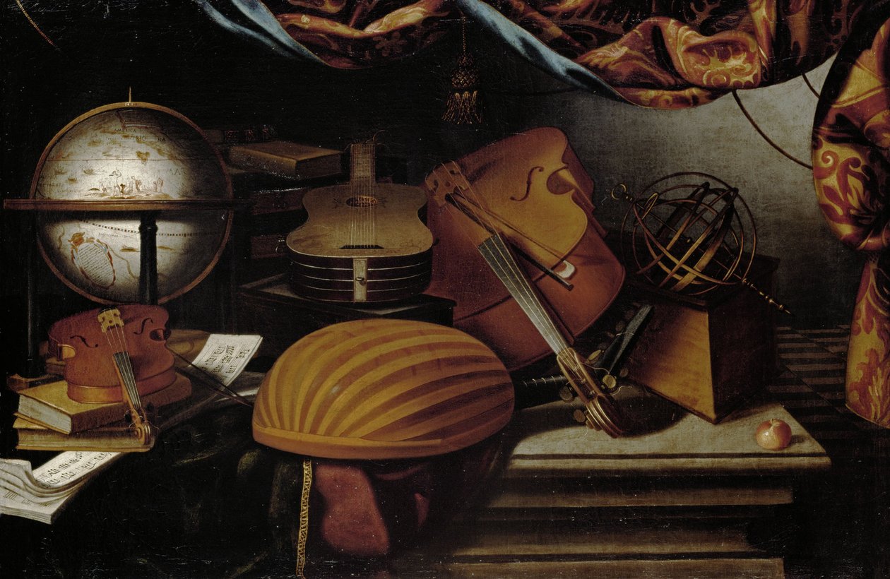 Stilleben med musikkinstrumenter, Globe and Armillary Sphere, 1600-tallet. av Evaristo Baschenis