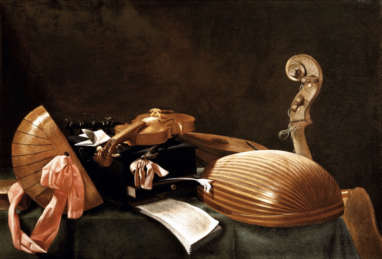 Stilleben med musikkinstrumenter, ca. 1650 av Evaristo Baschenis
