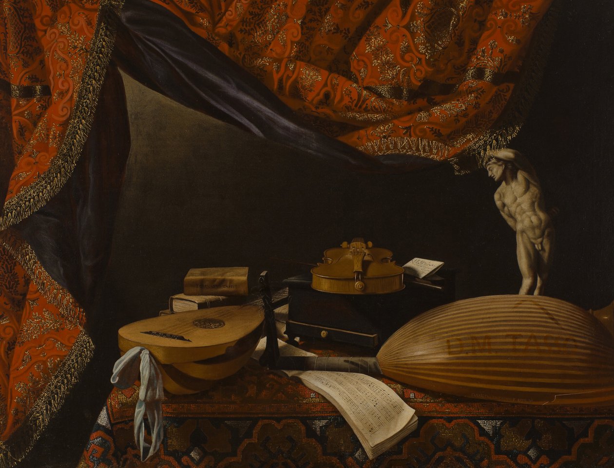 Stilleben med musikkinstrumenter, bøker og skulptur, ca. 1650 av Evaristo Baschenis