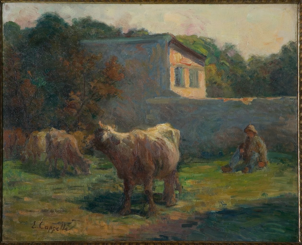 Beitende kyr (olje på lerret) av Evaristo Cappelli