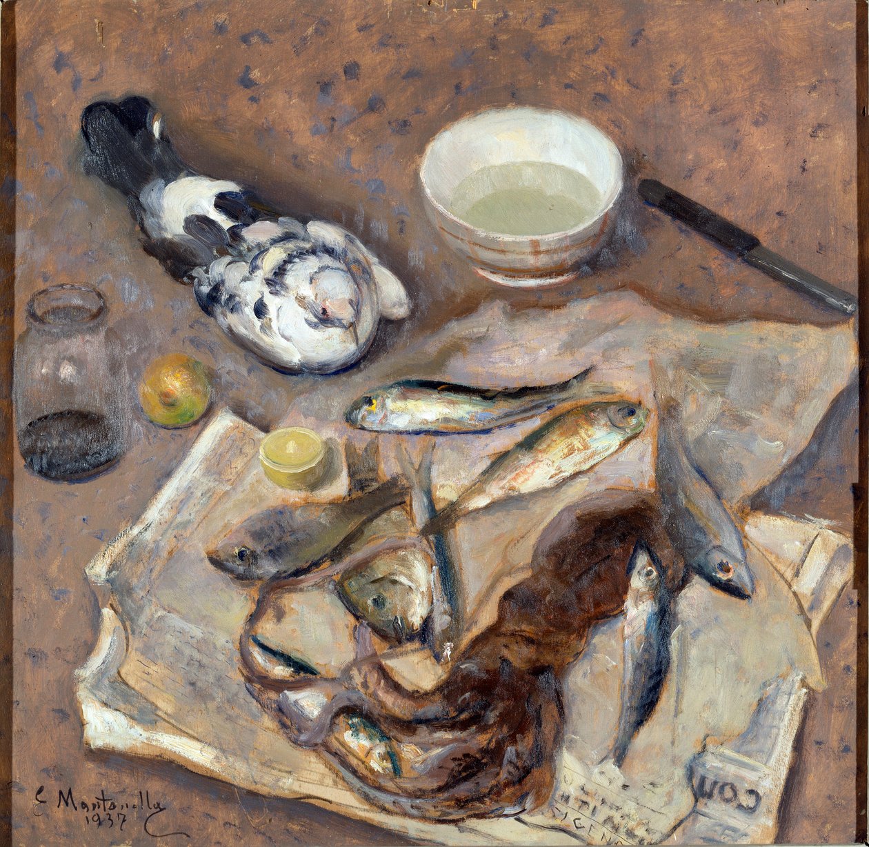 Stilleben Fisk og due. Maleri av Evasio Montanella (1878-1940) 1937 Søn. 62x64 cm Genes Nervi, Galleria av Arte Moderna, inv. 0433 av Evasio Montanella