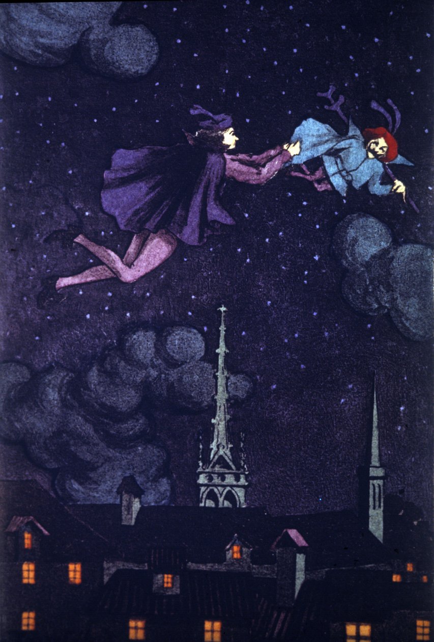 Illustrasjon til romanen «Den lamme djevelen» av Alain Rene Lesage (Alain-Rene Le Sage) (1668-1747) (1707). Tegning av E.Torrent, ca 1930. av Evelio Torrent