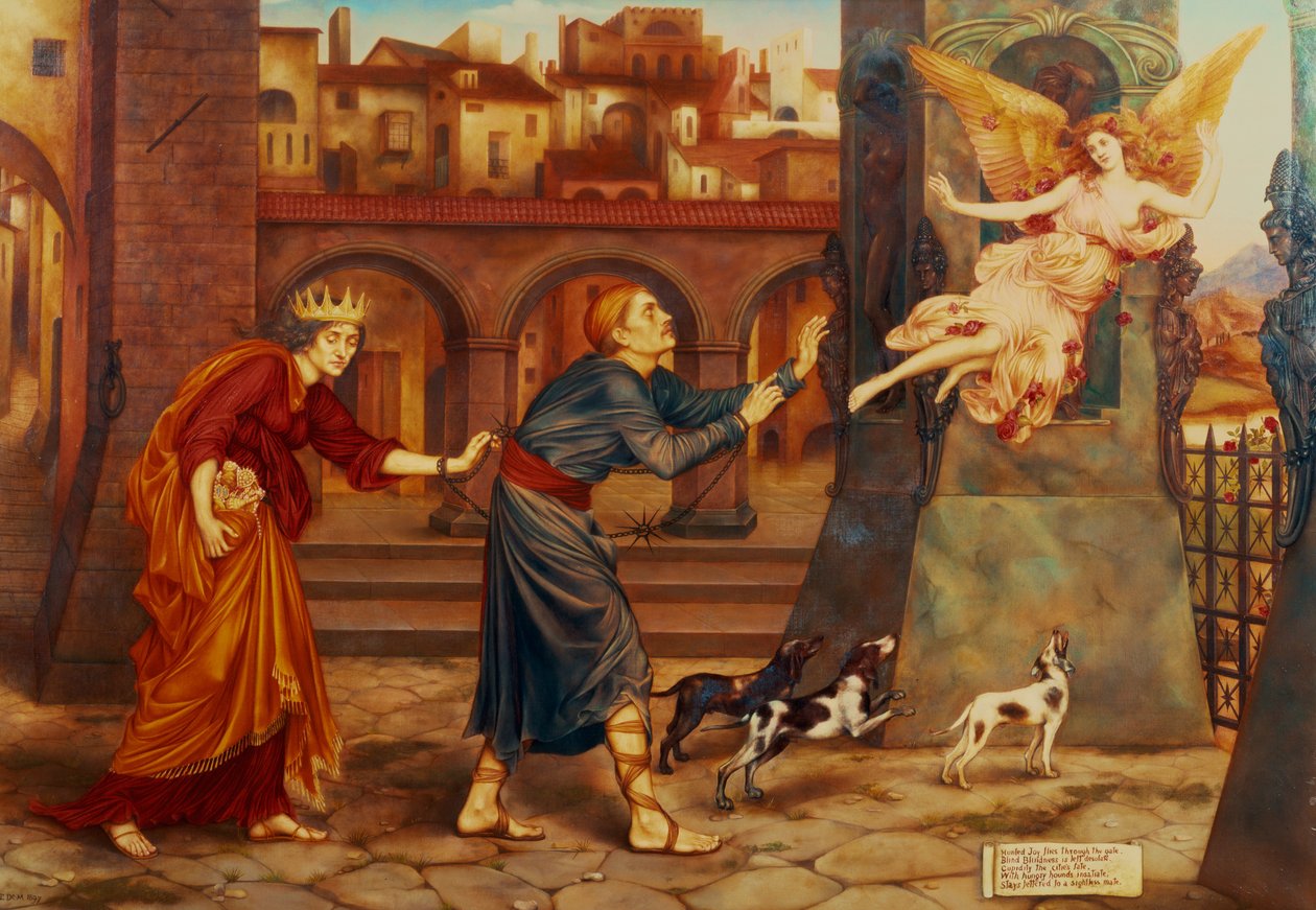 Blindhet og cupidity jager glede fra byen, 1897 av Evelyn De Morgan