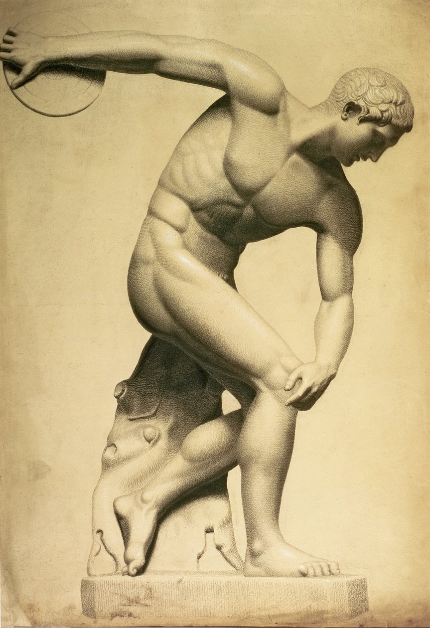 Diskuskaster, tegning av en klassisk skulptur, ca. 1874 (blyant, fargestift på papir) av Evelyn De Morgan