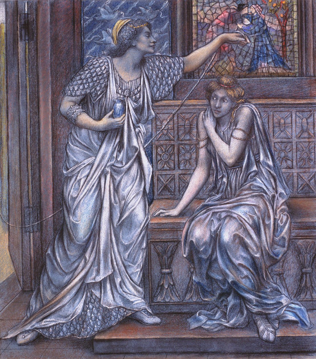 Fullført studie for dronning Eleanor og Fair Rosamund, ca. 1900-5 (kritt) (se 27988) av Evelyn De Morgan