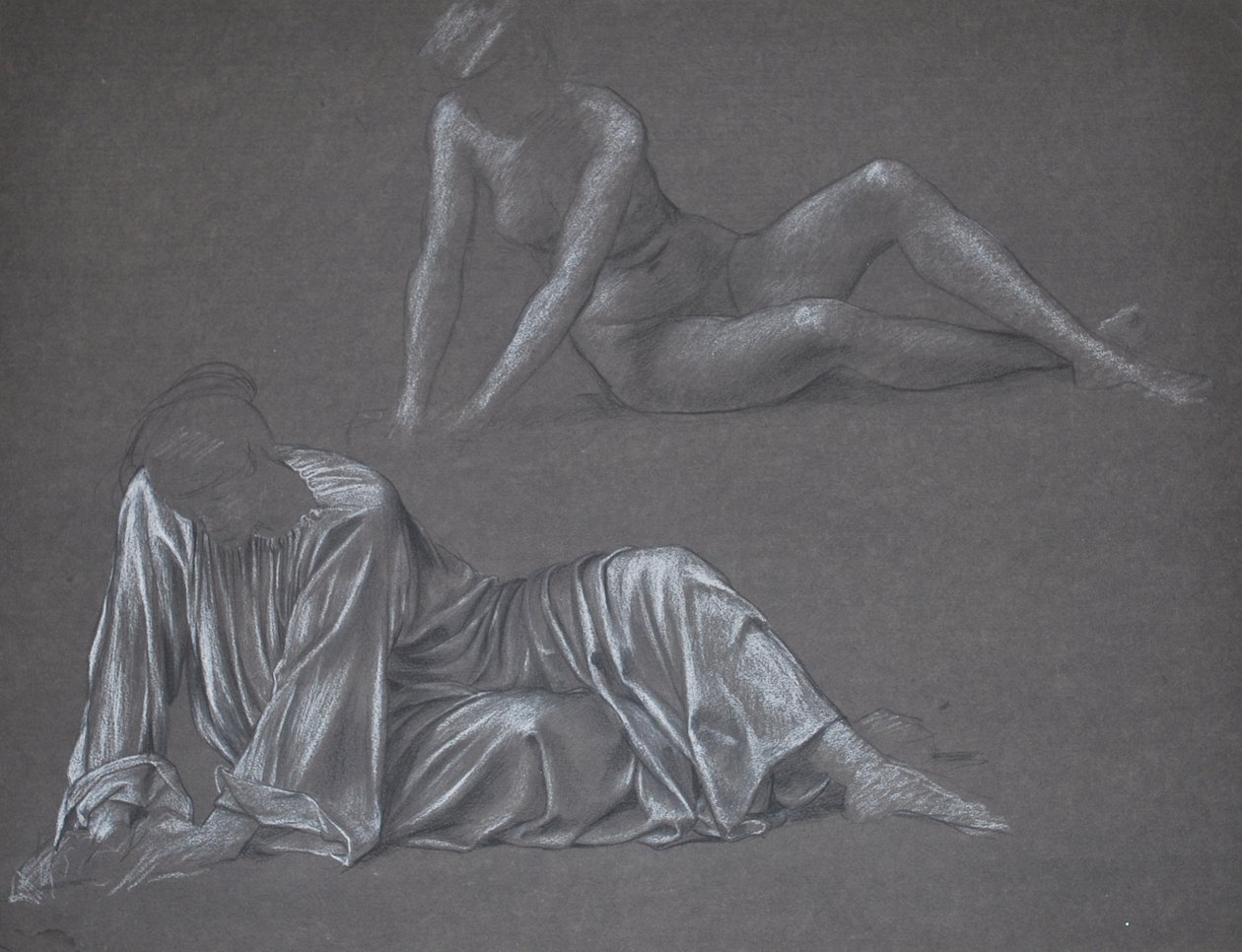 Double Study for Earthbound - tilbakelent kvinneskikkelse, 1897 (kritt på papir) av Evelyn De Morgan