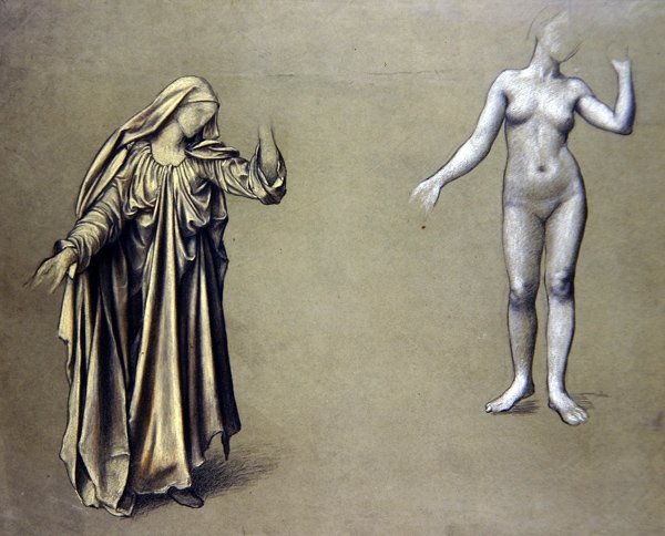 Drapert figurstudie med tilhørende naken (farget kritt på papir) av Evelyn De Morgan