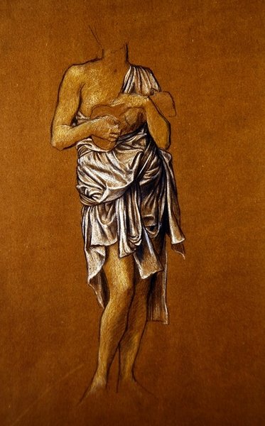Venstrehånds kvinnelig supplikant på en brygge/ St Christin (blått og hvitt fargestift på papir) av Evelyn De Morgan
