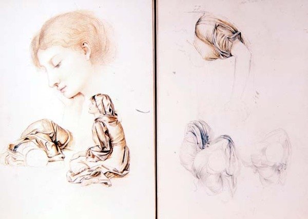 Seks studier av kvinnelige modeller, to sider fra en av kunstnerens skissebøker (blyant, kritt på papir) av Evelyn De Morgan