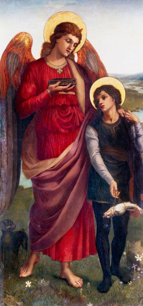 «Tobit og erkeengelen Rafael» Tobit (Tobias), som av sin blinde far er bedt om å finne fiskegallen, er i følge med erkeengelen Rafael. Maleri av Evelyn De Morgan (1855–1919) (prerafaelitt) 1875 Privat samling av Evelyn De Morgan
