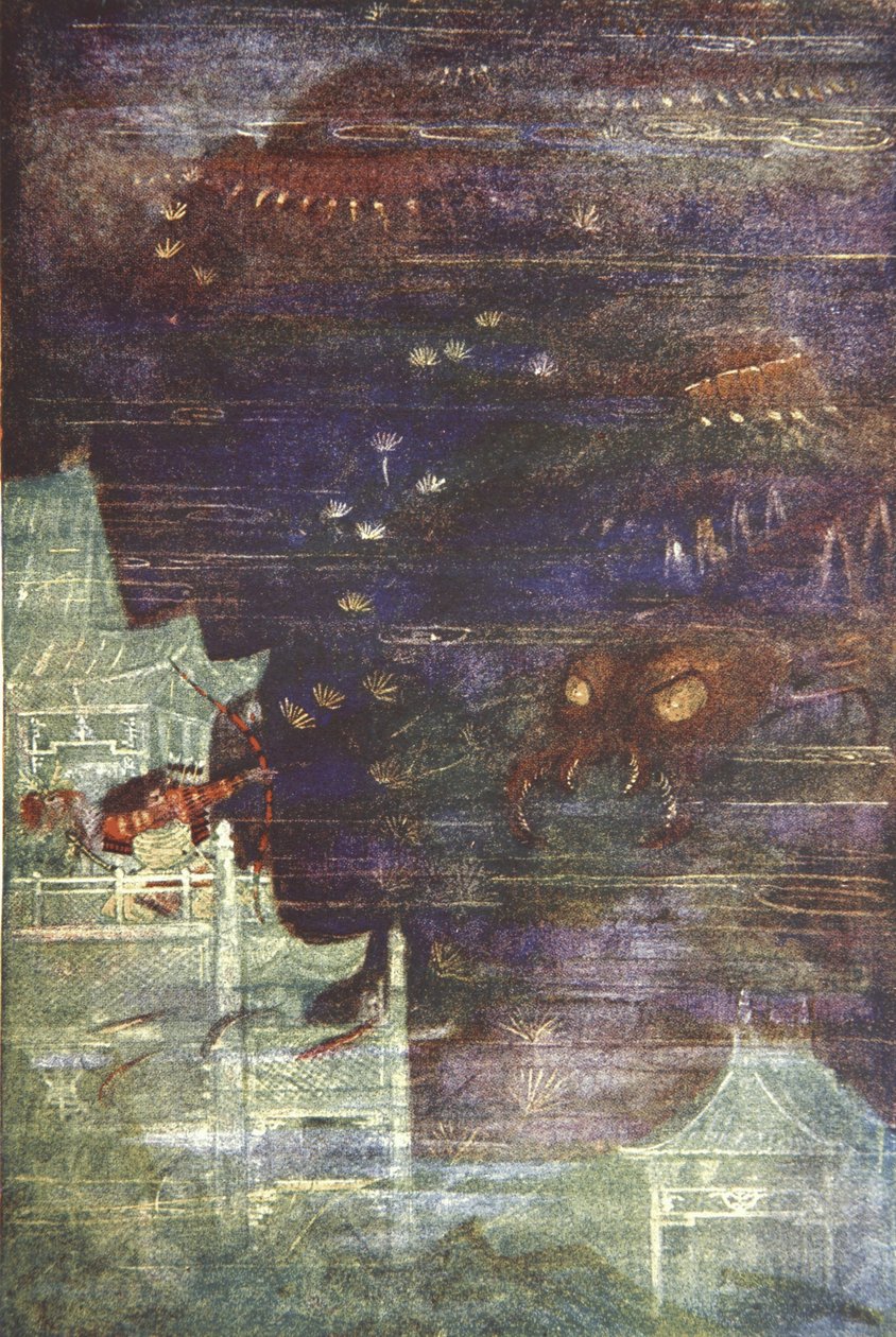 Hidesato og tusenbein, illustrasjon fra 'The Myths and Legends of Japan' av F Hadland Davis av Evelyn Paul