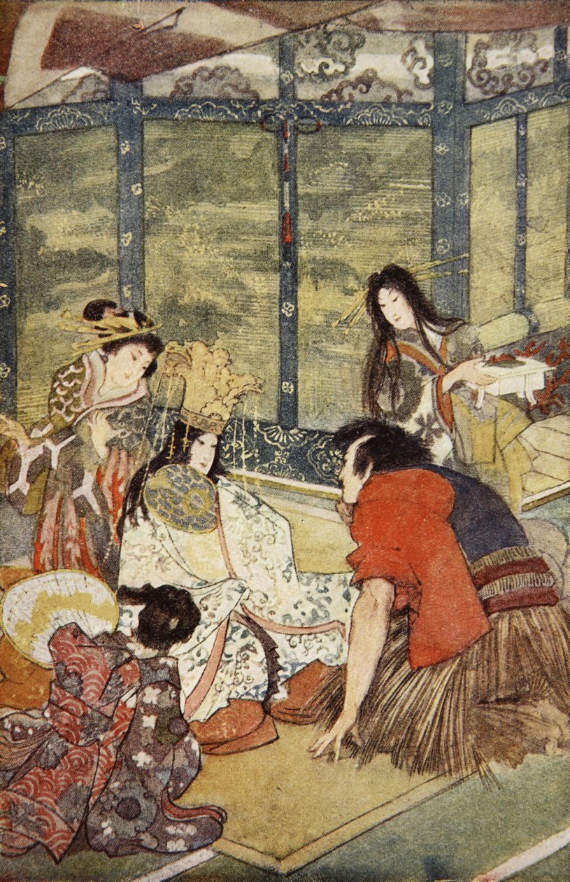 Urashima og sjøkongens datter, illustrasjon fra 'The Myths and Legends of Japan' av F. Hadland Davis av Evelyn Paul