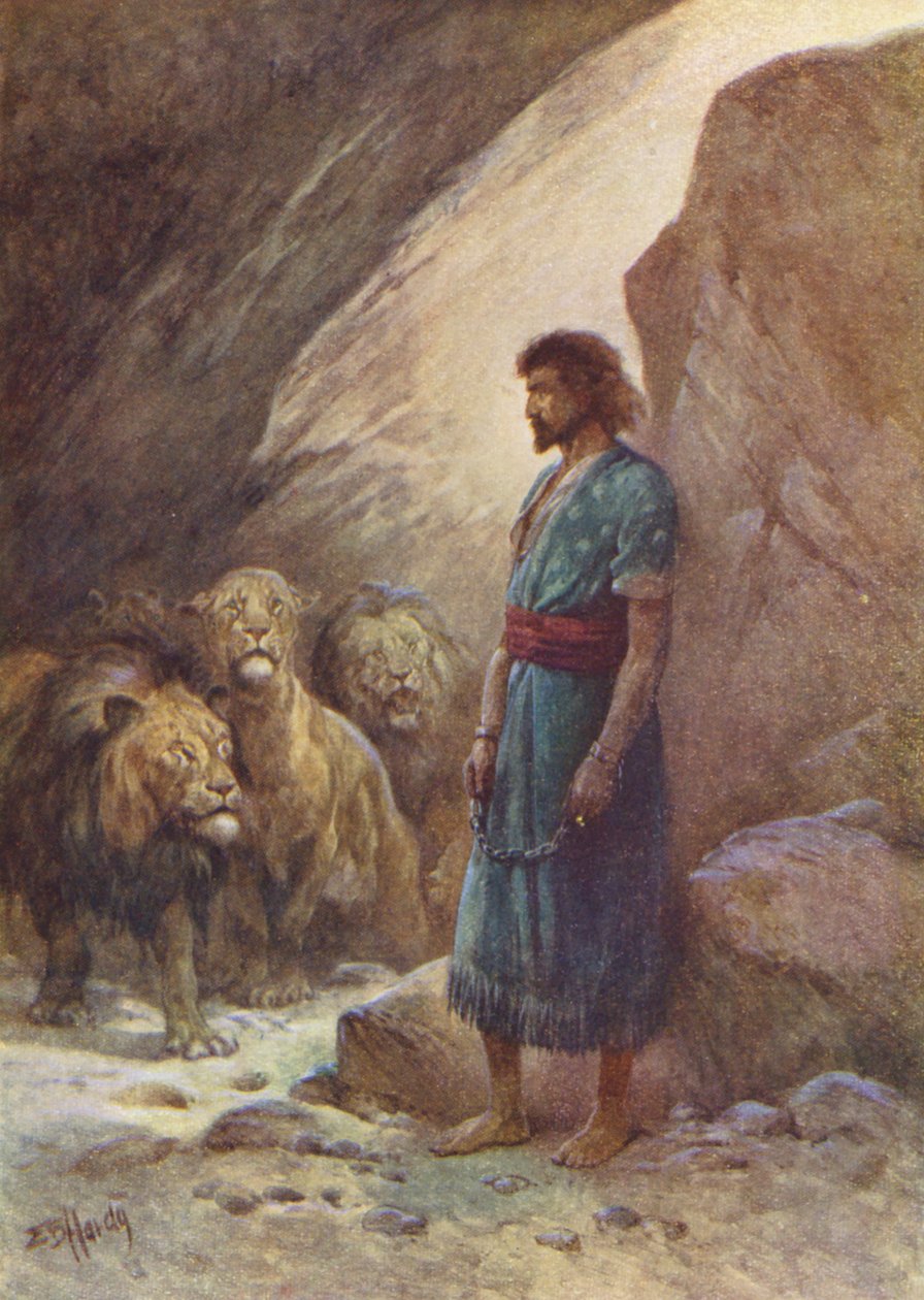 Daniel og løvene (fargelitografi) av Evelyn Stuart Hardy