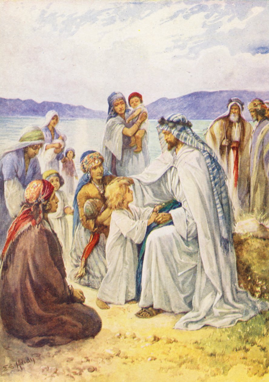 Jesus velsigner barna (fargelitografi) av Evelyn Stuart Hardy