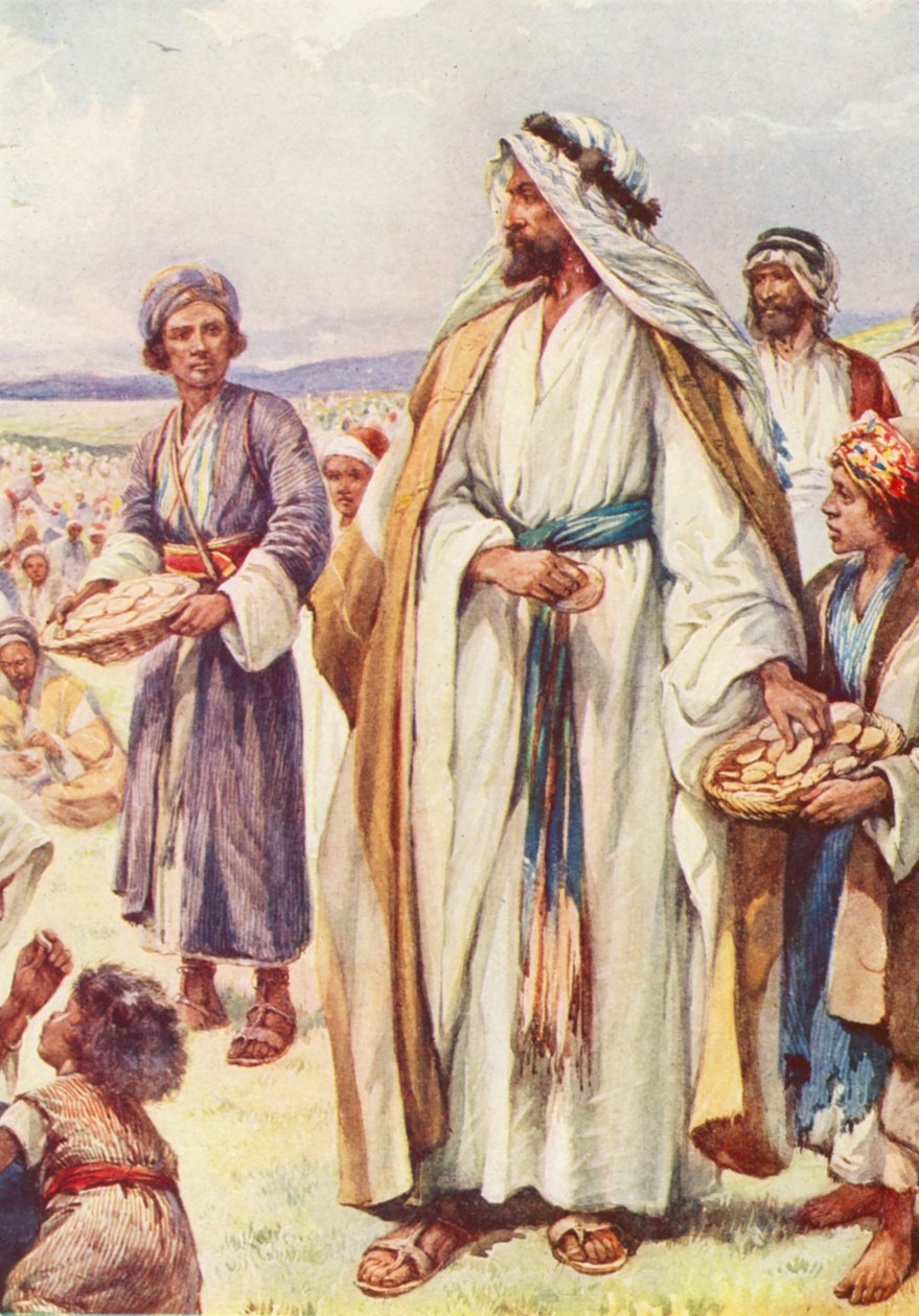 Jesus metter den store folkemengden (fargelitografi) av Evelyn Stuart Hardy