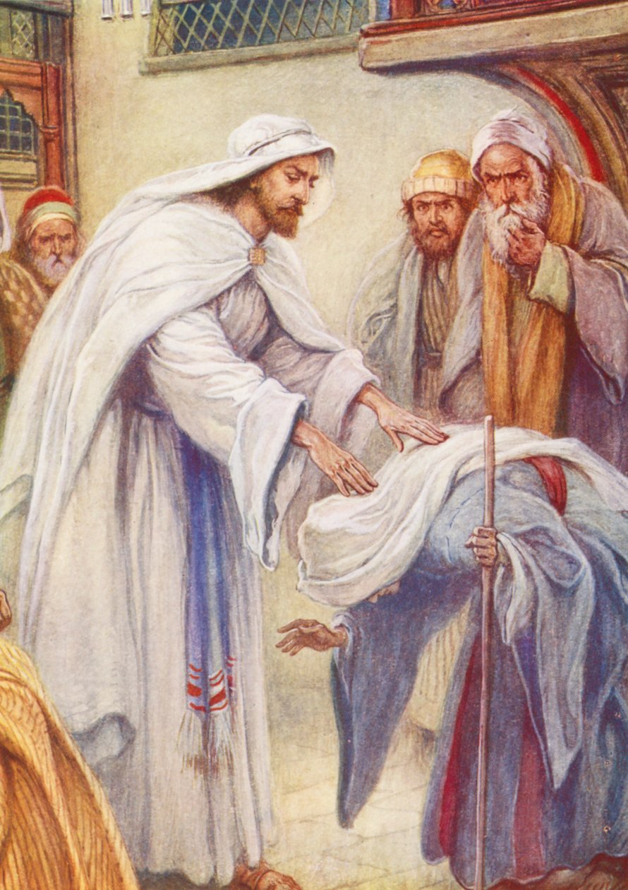 Jesus og kvinnen med bøyd rygg (fargelitografi) av Evelyn Stuart Hardy
