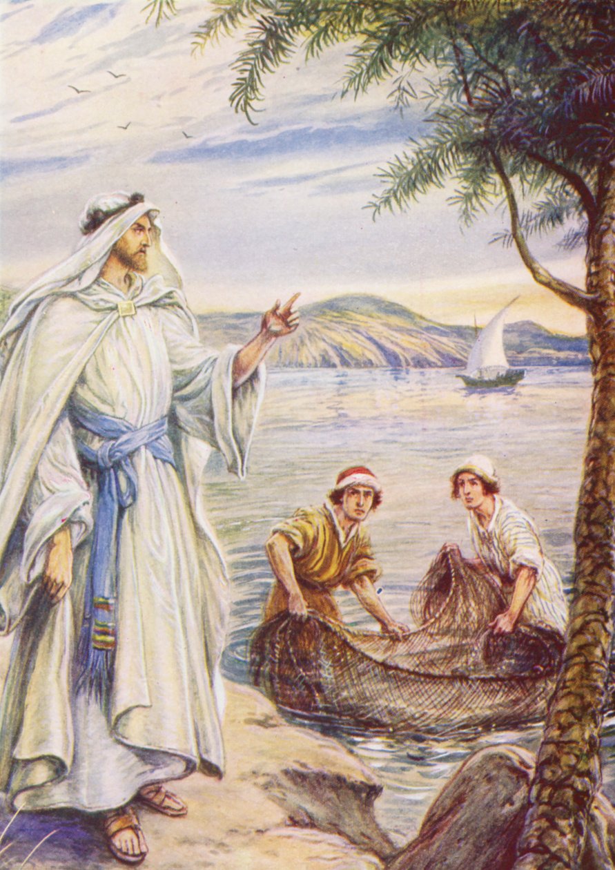 Jesus kaller fiskeren (fargelitografi) av Evelyn Stuart Hardy