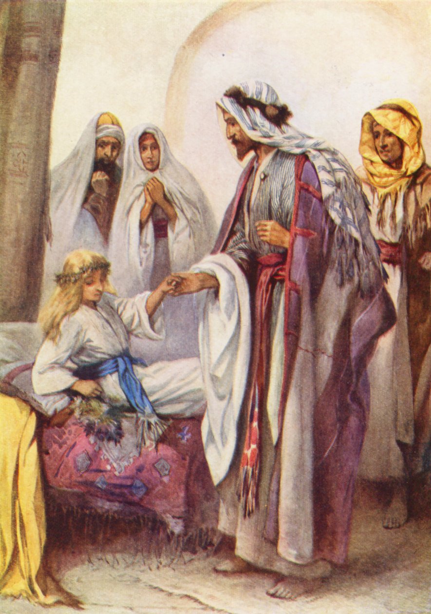 Jesus helbreder en liten jente (fargelitografi) av Evelyn Stuart Hardy