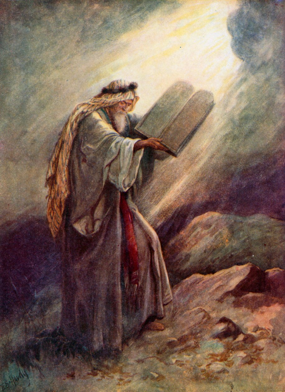 Moses med steintavlene (fargelitografi) av Evelyn Stuart Hardy