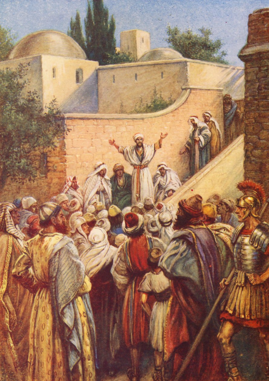 Peter forteller dem om Jesus (fargelitografi) av Evelyn Stuart Hardy