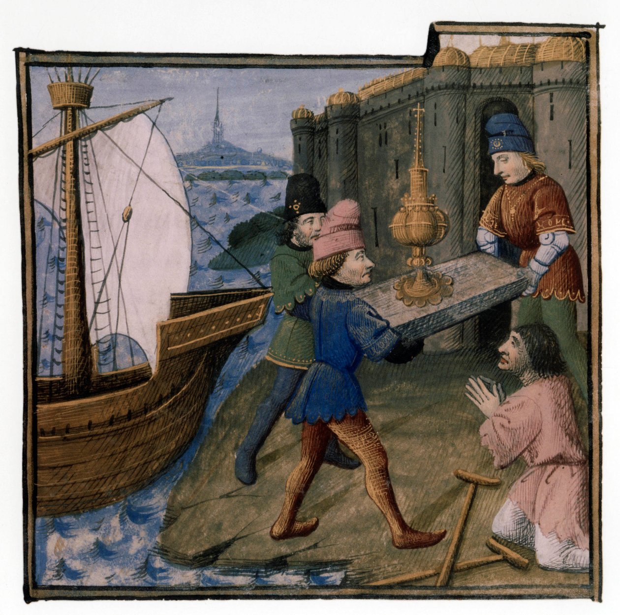 Arthuriansk legende: Galaad, Perceval og Bohort bringer Holay Grail i Palestina: Graal kommer til å kurere den funksjonshemmede tiggeren, belysning av Evrard d'Espinques fra "Queste del saint graal" ca. 1470 av Everard de Espinques