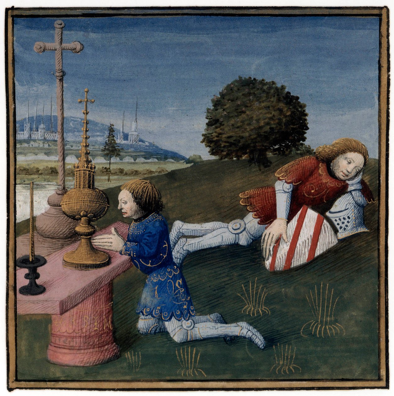 Arthuriansk legende: Lancelot sover mens den hellige gral viser seg for en annen ridder, belysning av Evrard d'Espinques fra "Queste del saint graal" ca. 1470 av Everard de Espinques