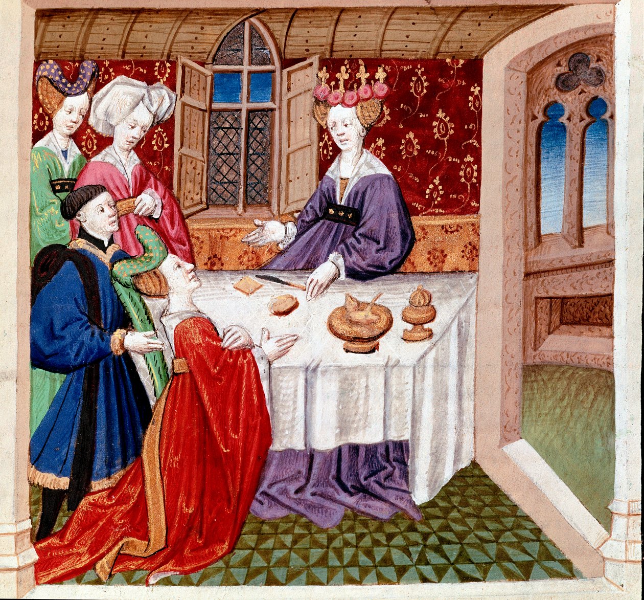 Iseult (eller Iseult) ber om beskyttelse av dronning Guenevre som sitter ved bordet hennes. Miniatyr hentet fra "" Romanesque du Chevalier Tristan et de la reine Yseult"" av Gassien de Poitiers belyst av Everard de Espinques (Evrard d