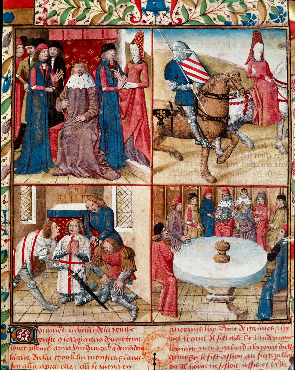 Kong Arthur holder hoff, Lancelot ledet av en dame til klosteret, mykner fra Galahad (Gaalad eller Galaad) til klosteret og ridderne av det runde bord rundt den hellige gral-manuskriptsiden "" Roman of the Knight Tristan og Queen Yseult" av Gassien de P av Everard de Espinques