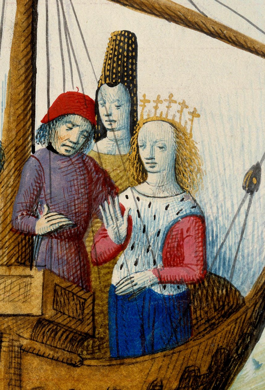 Dronning Iseult (Iseult) av Tristan og de tok fatt på kongeriket Logres Miniature hentet fra "" Romanesque du Chevalier Tristan og Queen Yseult"" av Gassien de Poitiers opplyst av Everard de Espinques (Evrard d