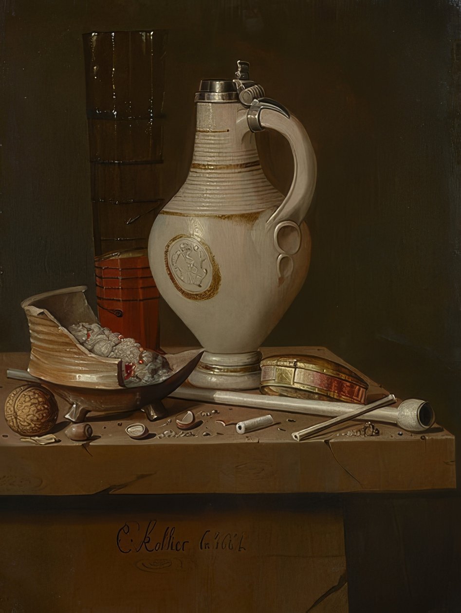Stilleben med røykeutstyr og ølkrus. 1664 av Evert Collier