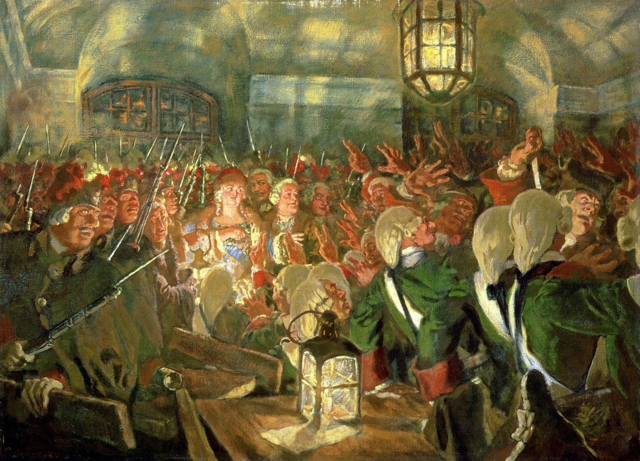 Storhertuginne Elizabeth med vakter under statskuppet i 1741 av Evgeni Evgenievitch Lanceray